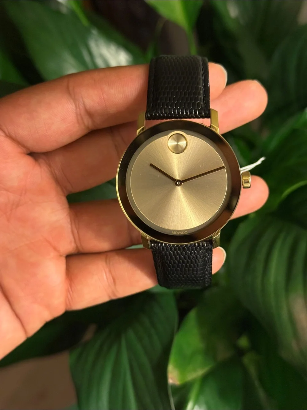 Movado bold Elegant Gold Dial Men's Watch with Black Leather Strap